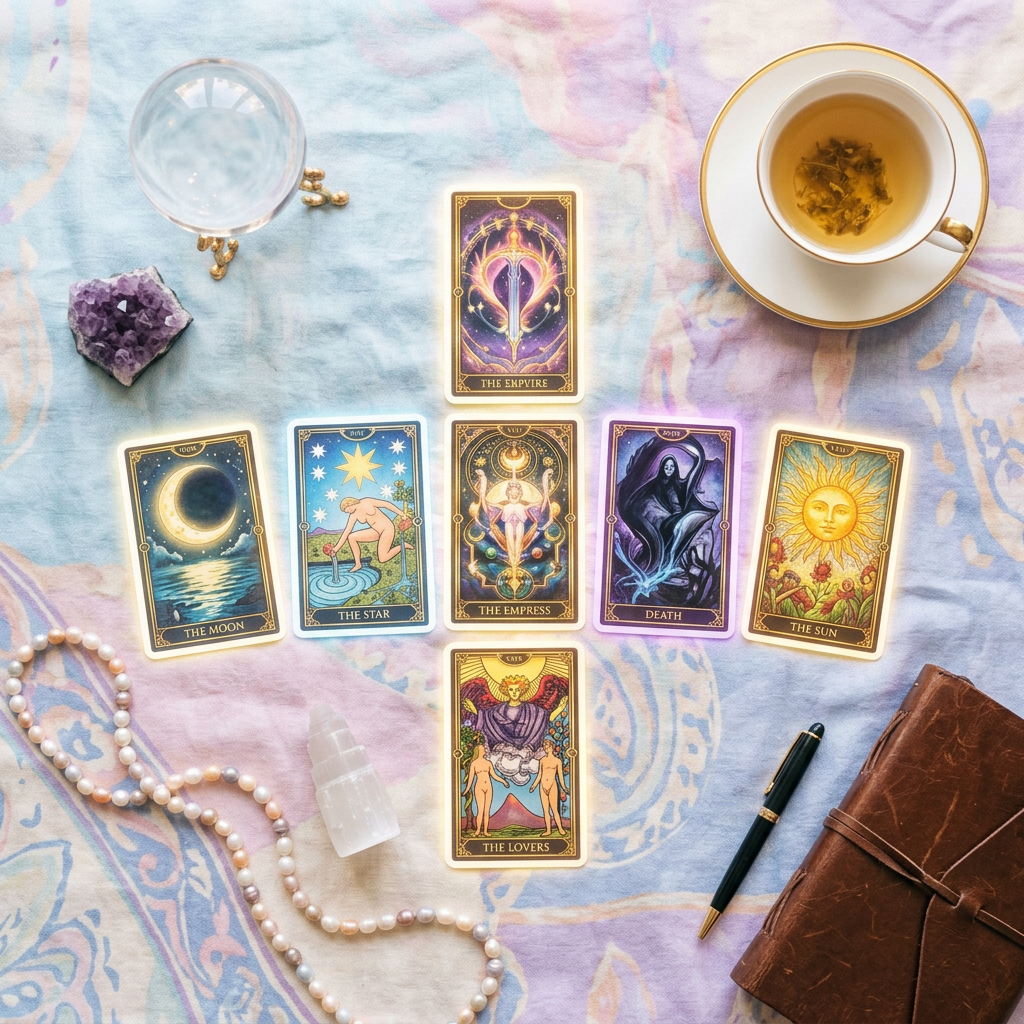 Tarot cards laid out on a table with a candle, crystal ball, and notebook