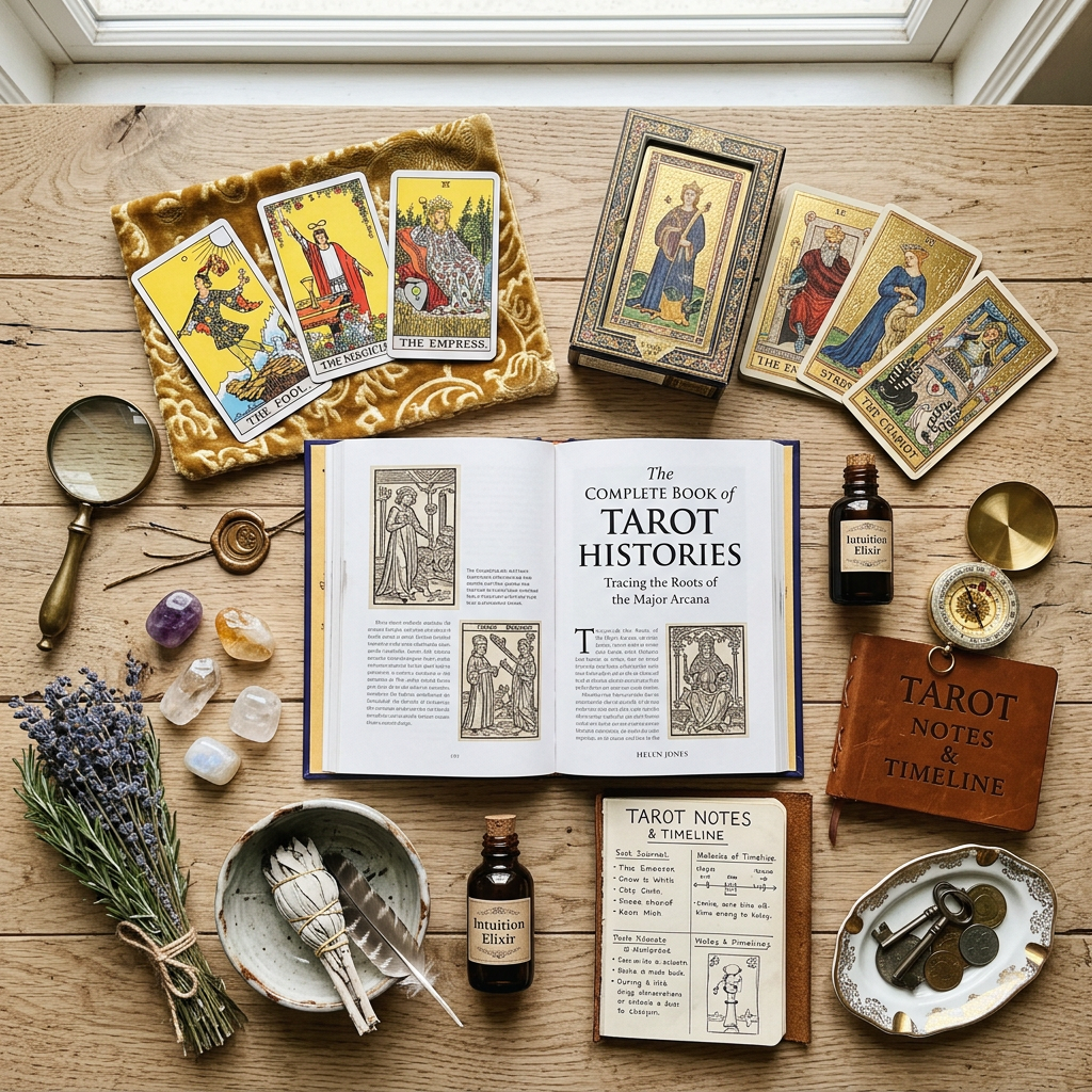 Tarot cards, open book titled 'The Complete Book of Tarot Histories', crystals, herbs, journal, and ritual tools on wooden table