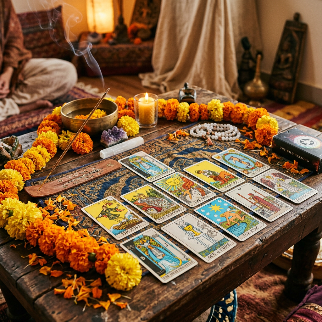 Tarot cards arranged on a table with incense, candle, flower garlands, and crystals