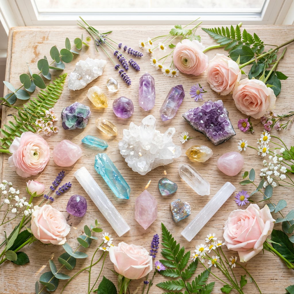 Various crystals and flowers arranged on wooden table