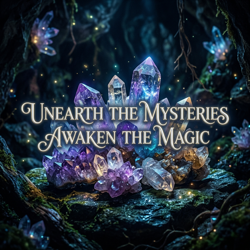 Cluster of glowing purple and blue crystals with text 'Unearth the Mysteries Awaken the Magic'