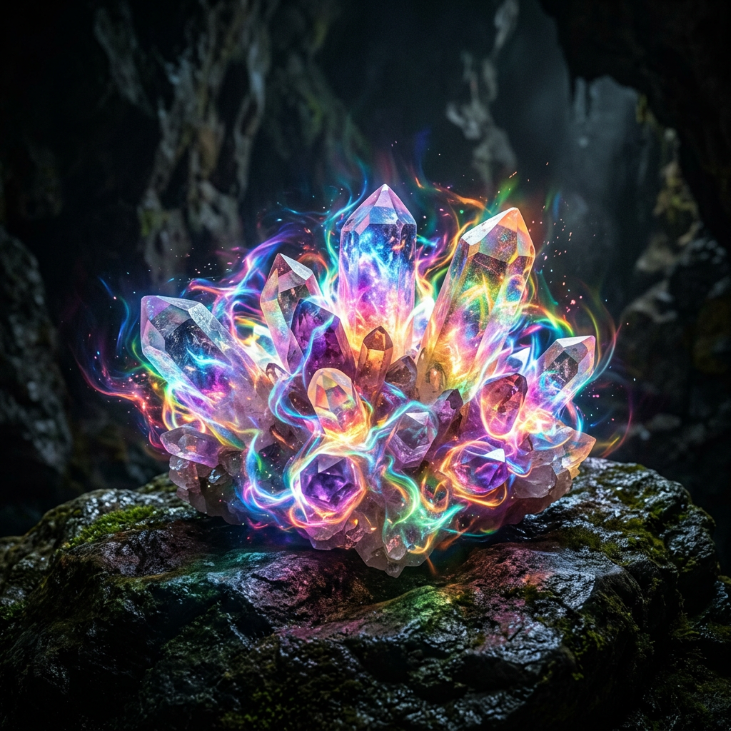 Cluster of bright crystals emitting colorful glowing light in cave