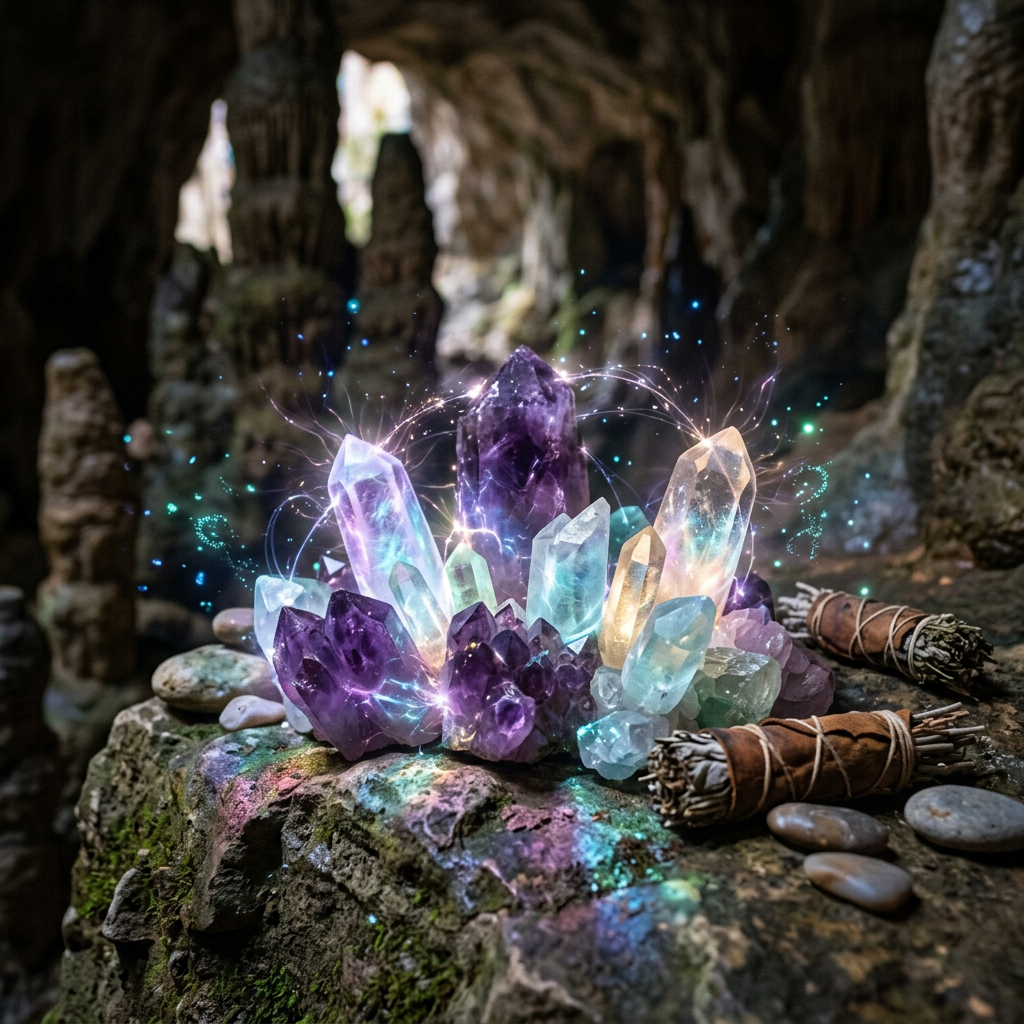 Cluster of glowing crystals with light effects resting on cave rock