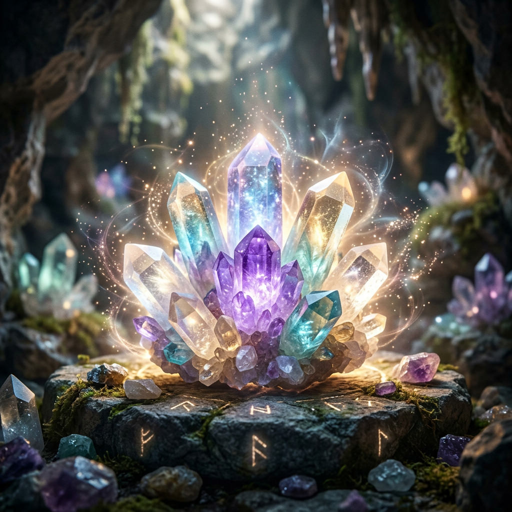 Vibrant glowing cluster of purple, blue, and clear crystals on a stone altar with glowing runes in a dark cave