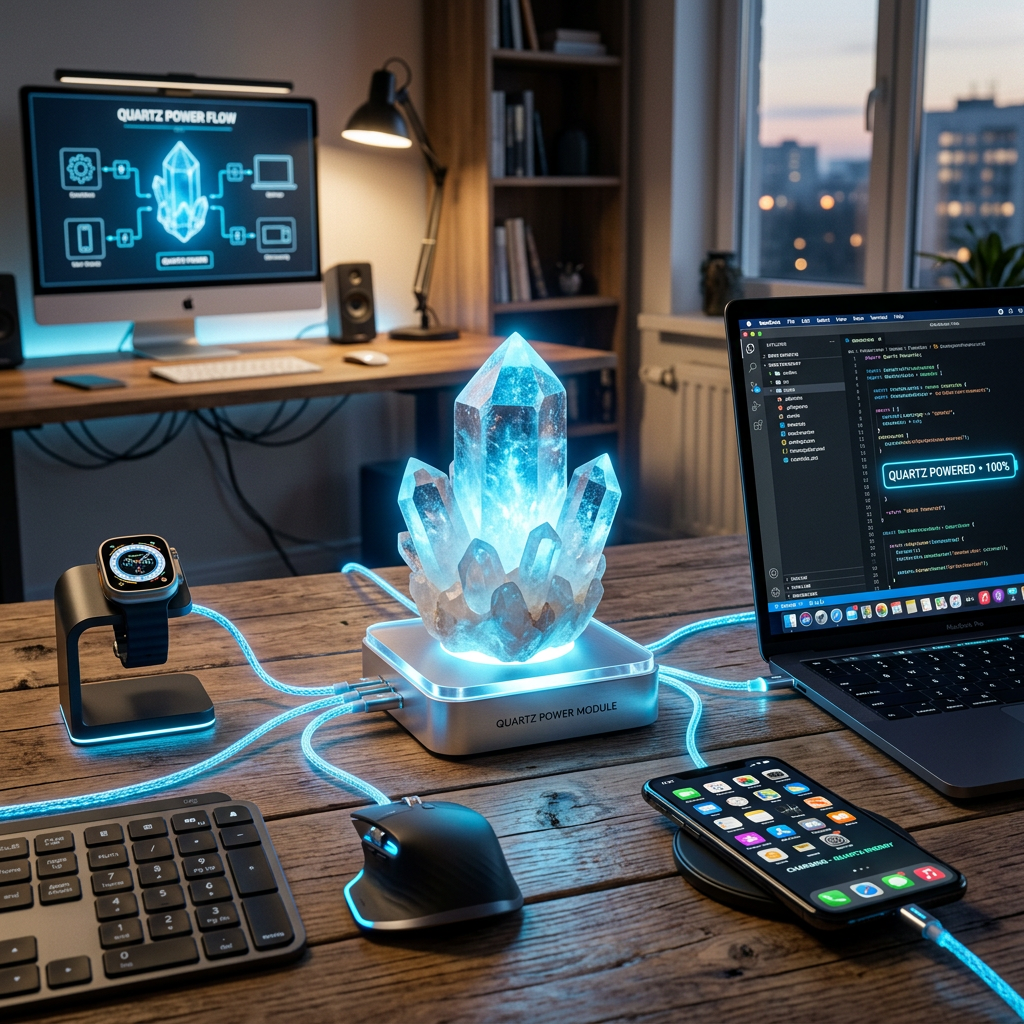 Quartz crystal power module glowing and connected to smartwatch, mouse, smartphone, and laptop.